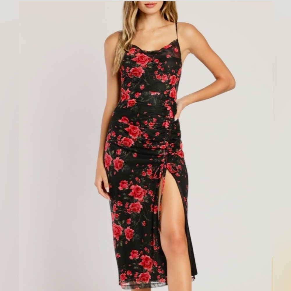 Lulus Midnight Serenade Black Floral Print Ruched Bodycon Midi Dress SZ XS prom